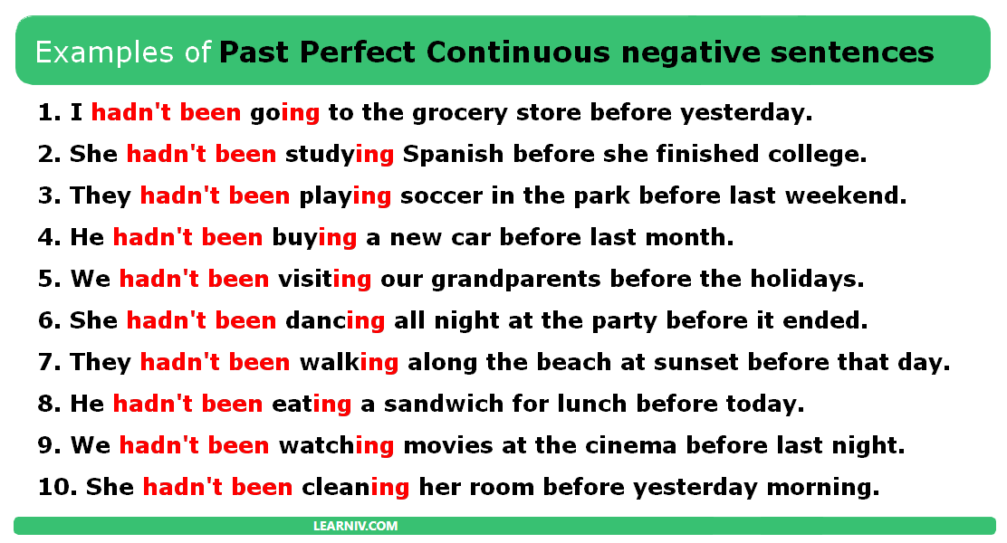 Examples of negative sentences in the past perfect tense